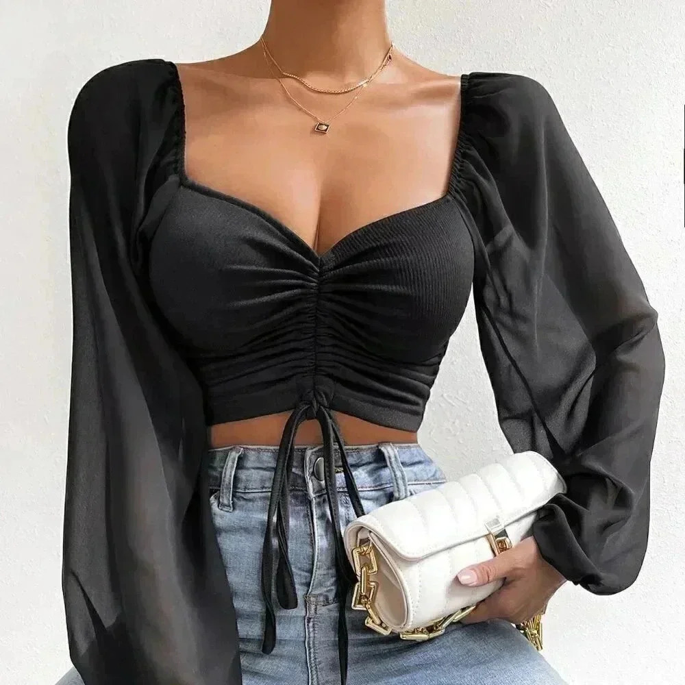 Black Casual Women's Sweetheart Neck Drawstring Lantern Sleeve Crop Top